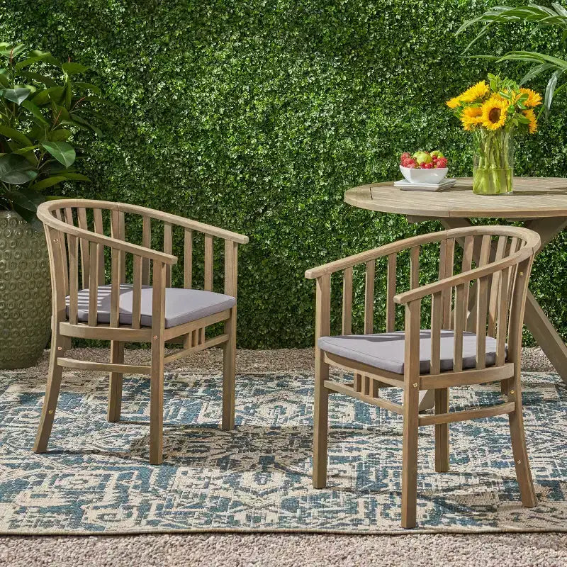 Set di 2 sedie da pranzo in legno per esterni con cuscini, resistenti alle intemperie, per patio