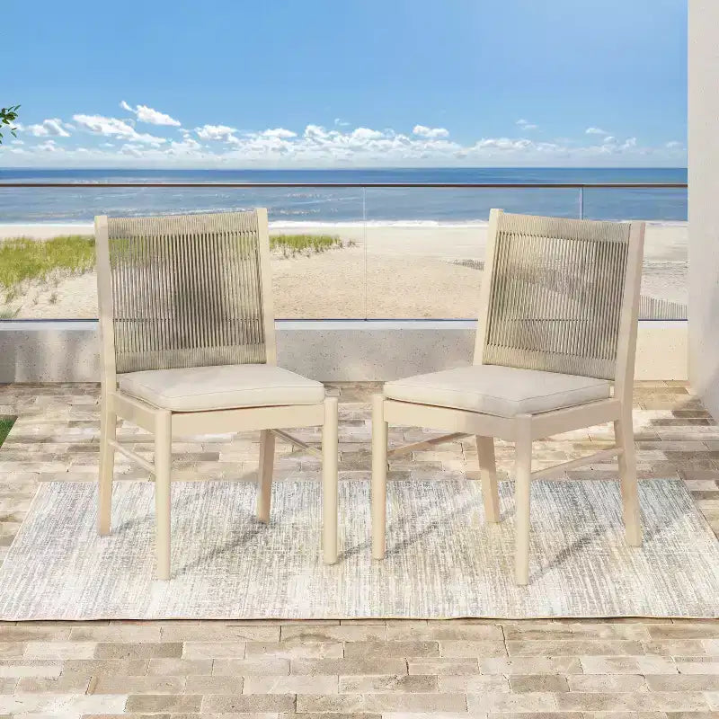 Set di sedie da pranzo da esterno con schienale intrecciato e cuscini, sedute da patio resistenti alle intemperie