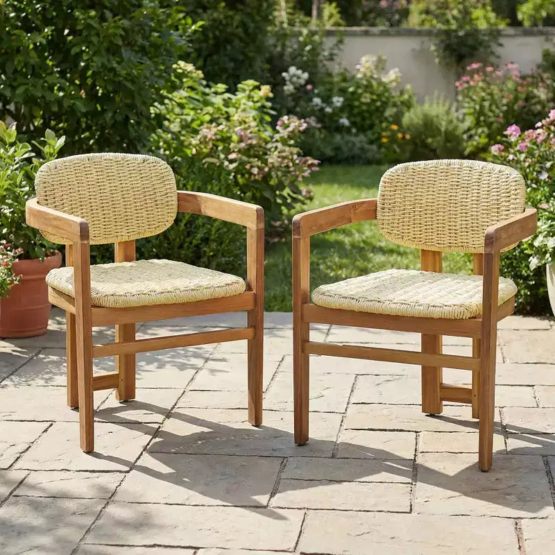 ModernLuxe Set of 2 Outdoor Woven Rattan Accent Chairs, Acacia Wood Frame Dining Chairs, Ergonomic Patio Chairs for Garden/Balcony, Natural