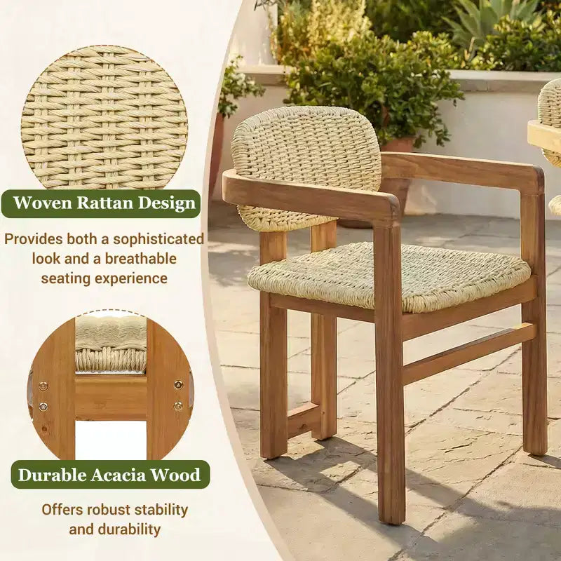 ModernLuxe Set di 2 Sedie da Esterno in Rattan Intrecciato, Sedie da Pranzo con Telaio in Legno di Acacia, Sedie Ergonomiche da Patio per Giardino/Balcone, Naturali