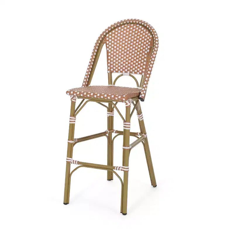 sumyeg 29.5 Outdoor French Bistro Bar Stools Set of 2, PE Rattan Wicker with Aluminum Frame, Bamboo Look Finish, Rust Red & White