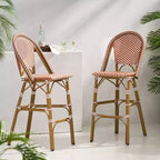 sumyeg Sgabelli da Bar da Esterno Stile Bistro Francese, Set da 2, in Rattan PE con Telaio in Alluminio, Finitura Effetto Bambù, Rosso Ruggine e Bianco