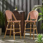 sumyeg Sgabelli da Bar da Esterno Stile Bistro Francese, Set da 2, in Rattan PE con Telaio in Alluminio, Finitura Effetto Bambù, Rosso Ruggine e Bianco