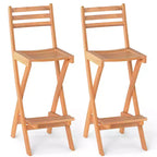 sumyeg Outdoor Acacia Wood Bar Height Chair Set of 2, Folding Patio Stool with Backrest and Footrest, Natural Finish, for Backyard and Porch