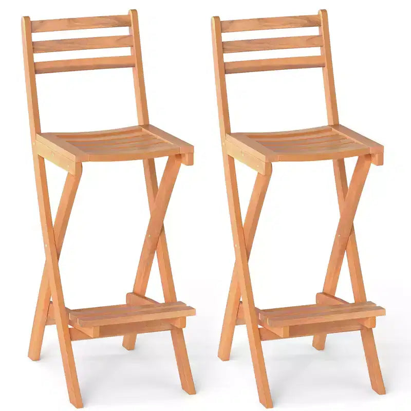 sumyeg Outdoor Acacia Wood Bar Height Chair Set of 2, Folding Patio Stool with Backrest and Footrest, Natural Finish, for Backyard and Porch