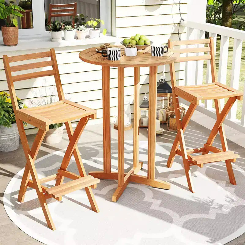 sumyeg Set da 2 Sedie da Bar da Esterno in Legno di Acacia, Sgabello Pieghevole da Terrazza con Schienale e Poggiapiedi, Finitura Naturale, per Giardino e Veranda