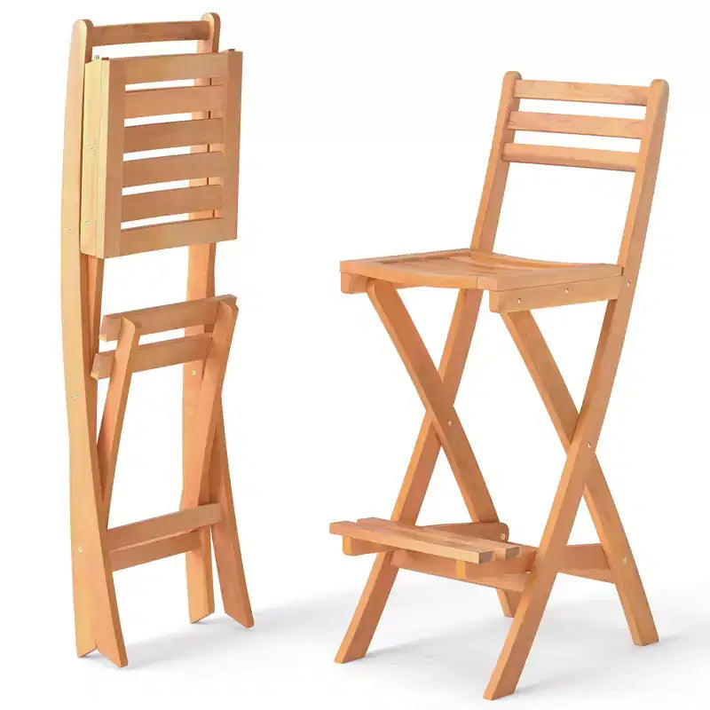 sumyeg Set da 2 Sedie da Bar da Esterno in Legno di Acacia, Sgabello Pieghevole da Terrazza con Schienale e Poggiapiedi, Finitura Naturale, per Giardino e Veranda