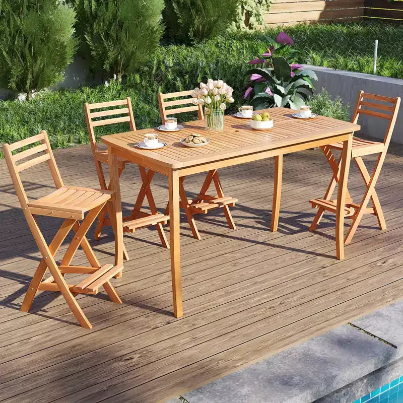sumyeg Set da 2 Sedie da Bar da Esterno in Legno di Acacia, Sgabello Pieghevole da Terrazza con Schienale e Poggiapiedi, Finitura Naturale, per Giardino e Veranda