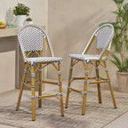 sumyeg Set di 2 sgabelli da bar da esterno 29,5 in stile bistrot francese, in PE rattan intrecciato con telaio in alluminio, finitura effetto bambù, bianco e nero