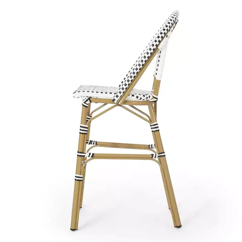 sumyeg Set di 2 sgabelli da bar da esterno 29,5 in stile bistrot francese, in PE rattan intrecciato con telaio in alluminio, finitura effetto bambù, bianco e nero
