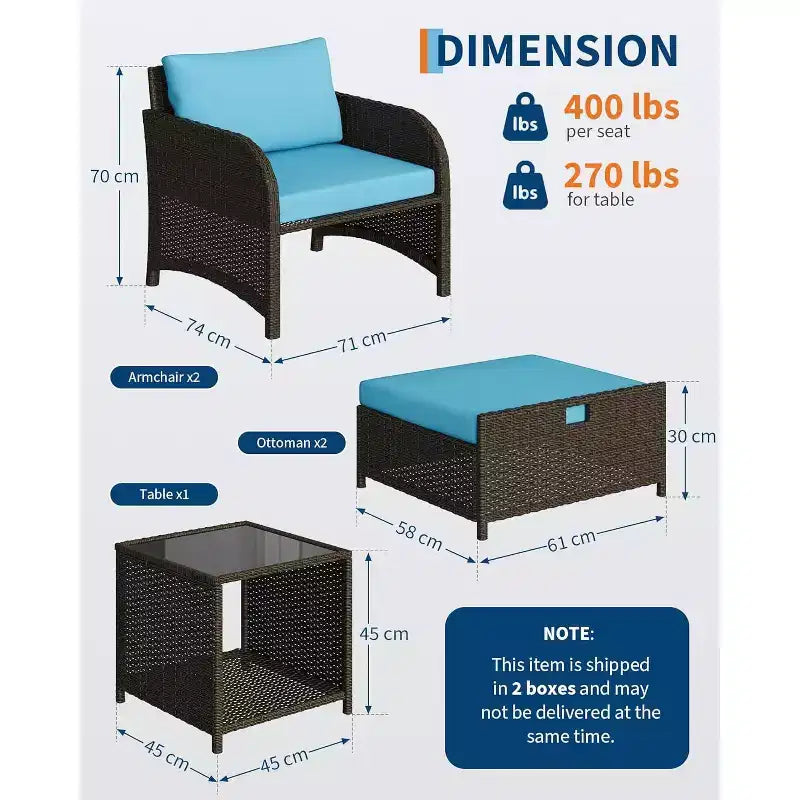 LinTimes Set da Salotto da Esterno in Rattan PE a 5 Pezzi con Pouf e Tavolino in Vetro, Mobili per Tutte le Stagioni per Patio, Giardino, Balcone