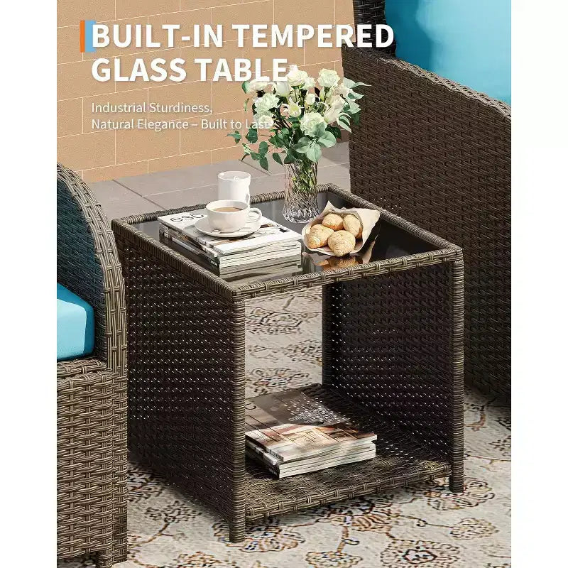 LinTimes Set da Salotto da Esterno in Rattan PE a 5 Pezzi con Pouf e Tavolino in Vetro, Mobili per Tutte le Stagioni per Patio, Giardino, Balcone