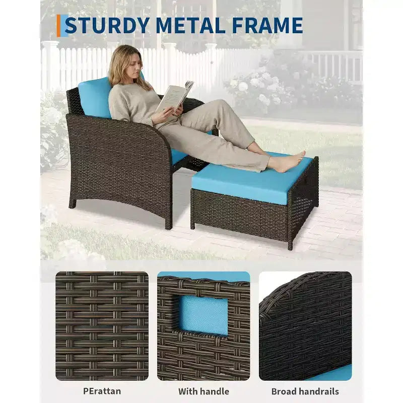 LinTimes Set da Salotto da Esterno in Rattan PE a 5 Pezzi con Pouf e Tavolino in Vetro, Mobili per Tutte le Stagioni per Patio, Giardino, Balcone