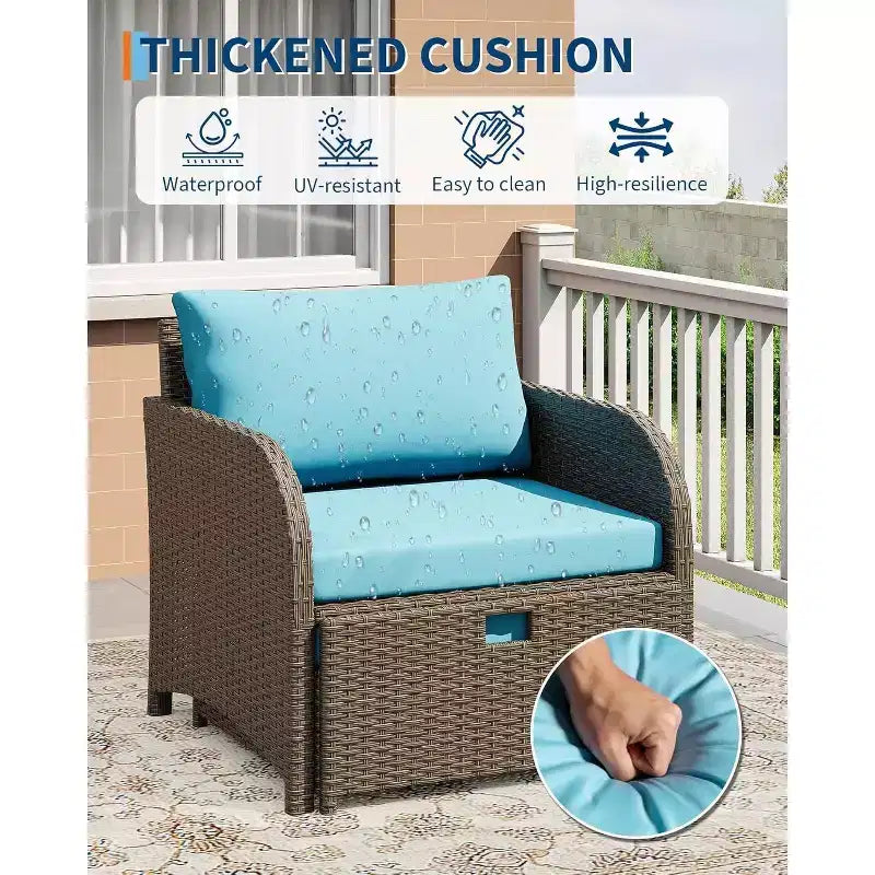 LinTimes Set da Salotto da Esterno in Rattan PE a 5 Pezzi con Pouf e Tavolino in Vetro, Mobili per Tutte le Stagioni per Patio, Giardino, Balcone