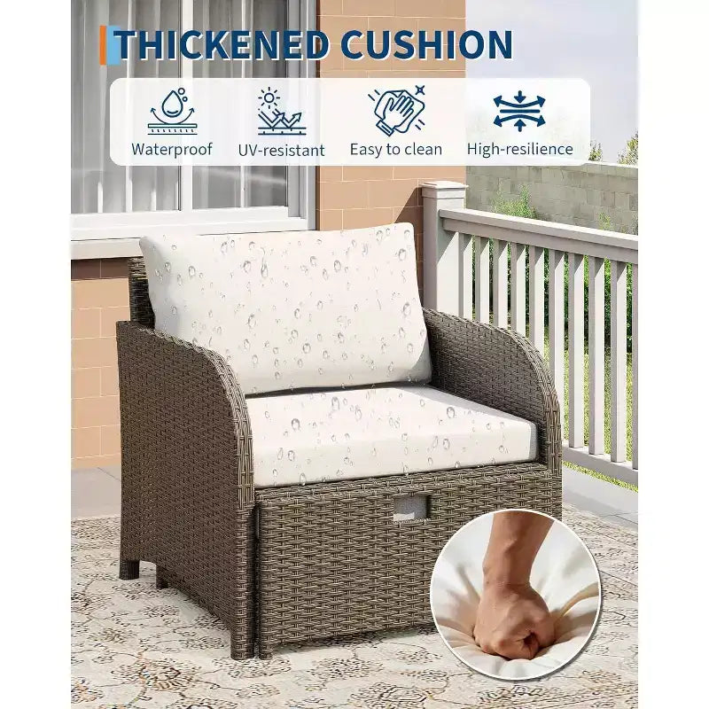 LinTimes Set da Salotto da Esterno in Rattan PE a 5 Pezzi con Pouf e Tavolino in Vetro, Mobili per Tutte le Stagioni per Patio, Giardino, Balcone