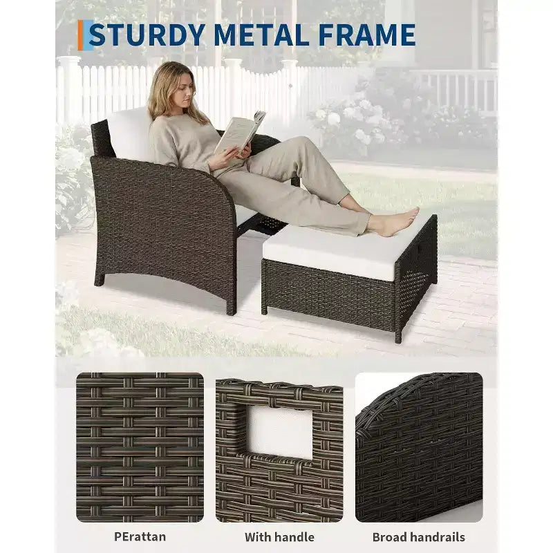 LinTimes Set da Salotto da Esterno in Rattan PE a 5 Pezzi con Pouf e Tavolino in Vetro, Mobili per Tutte le Stagioni per Patio, Giardino, Balcone