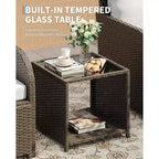 LinTimes Set da Salotto da Esterno in Rattan PE a 5 Pezzi con Pouf e Tavolino in Vetro, Mobili per Tutte le Stagioni per Patio, Giardino, Balcone