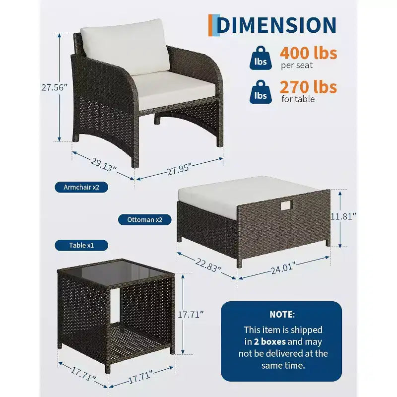 LinTimes Set da Salotto da Esterno in Rattan PE a 5 Pezzi con Pouf e Tavolino in Vetro, Mobili per Tutte le Stagioni per Patio, Giardino, Balcone