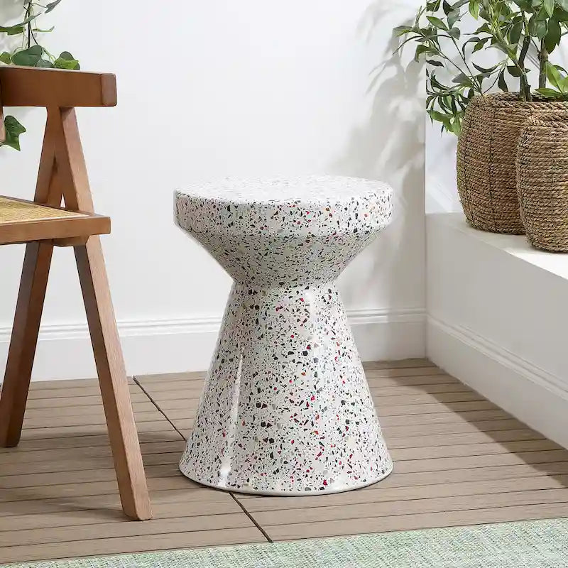 Indi 17.75 Modern Bohemian Terrazzo Indoor/Outdoor Drum Accent Table, by JONATHAN Y