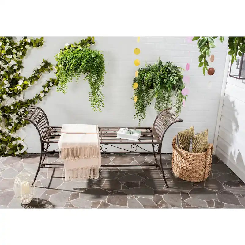 SAFAVIEH Outdoor Living Rustic Hadley Rustic Brown Iron Bench - 56W x 16D x 27H