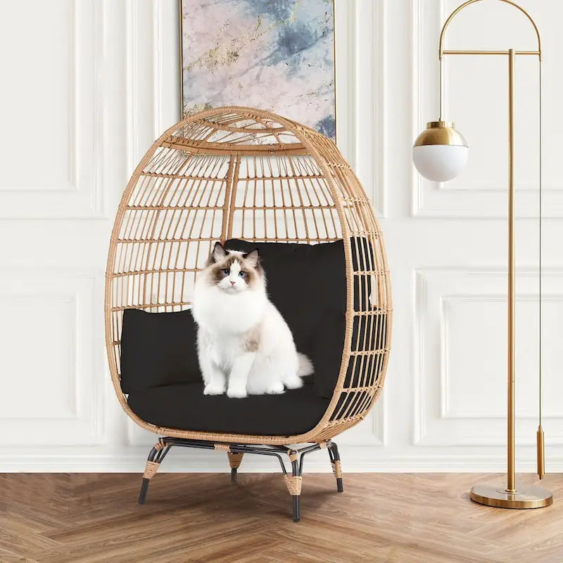 Grand fauteuil œuf d'extérieur en rotin PE avec 4 coussins épais