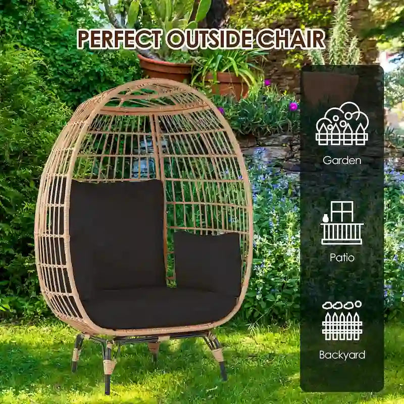 Grand fauteuil œuf d'extérieur en rotin PE avec 4 coussins épais