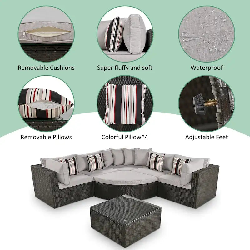 Moderno Set Divano da Esterno in Vimini a 7 Pezzi con Tavolino da Caffè, Cuscini e Cuscini a Strisce, Adatto per Patio, Giardino, Terrazza