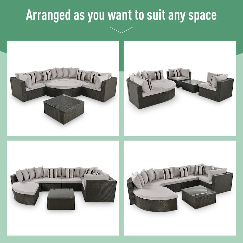 Moderno Set Divano da Esterno in Vimini a 7 Pezzi con Tavolino da Caffè, Cuscini e Cuscini a Strisce, Adatto per Patio, Giardino, Terrazza