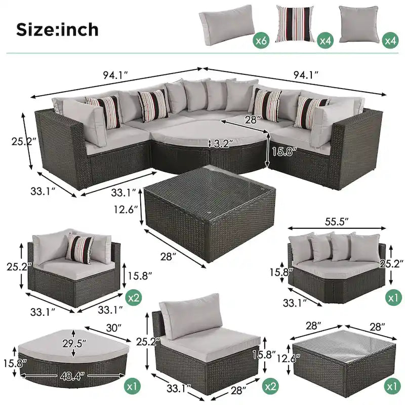 Moderno Set Divano da Esterno in Vimini a 7 Pezzi con Tavolino da Caffè, Cuscini e Cuscini a Strisce, Adatto per Patio, Giardino, Terrazza
