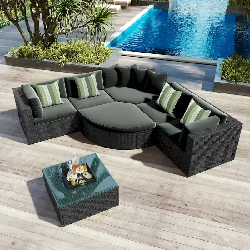 Moderno Set Divano da Esterno in Vimini a 7 Pezzi con Tavolino da Caffè, Cuscini e Cuscini a Strisce, Adatto per Patio, Giardino, Terrazza