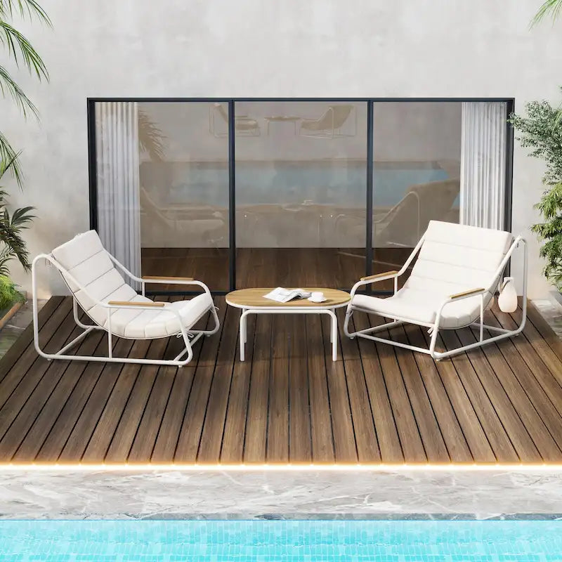 Ensemble de 3 chaises longues de piscine – Chaises longues d'extérieur avec table d'appoint en acacia