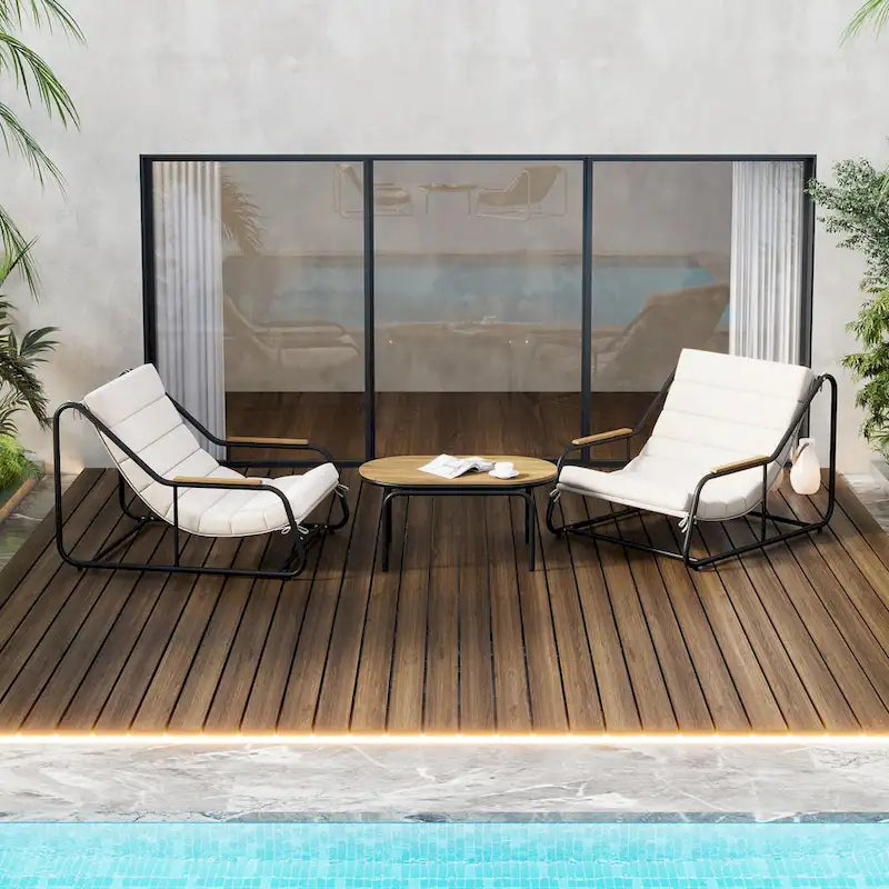 3-Piece Poolside Lounge Chairs Set - Outdoor Chaise Lounges with Acacia Side Table