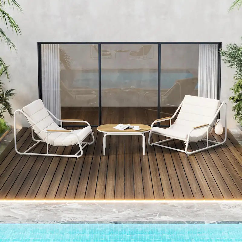 Ensemble de 3 chaises longues de piscine – Chaises longues d'extérieur avec table d'appoint en acacia