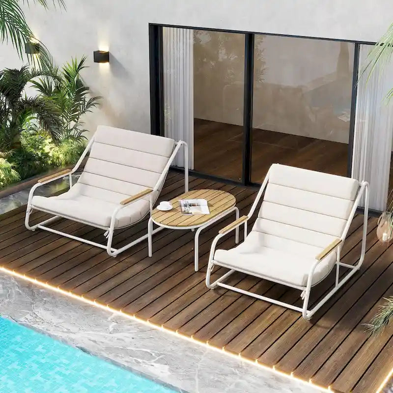 Ensemble de 3 chaises longues de piscine – Chaises longues d'extérieur avec table d'appoint en acacia