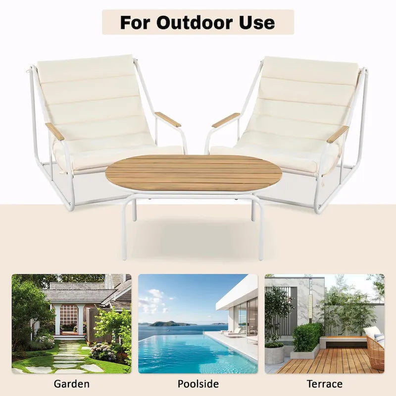 Ensemble de 3 chaises longues de piscine – Chaises longues d'extérieur avec table d'appoint en acacia