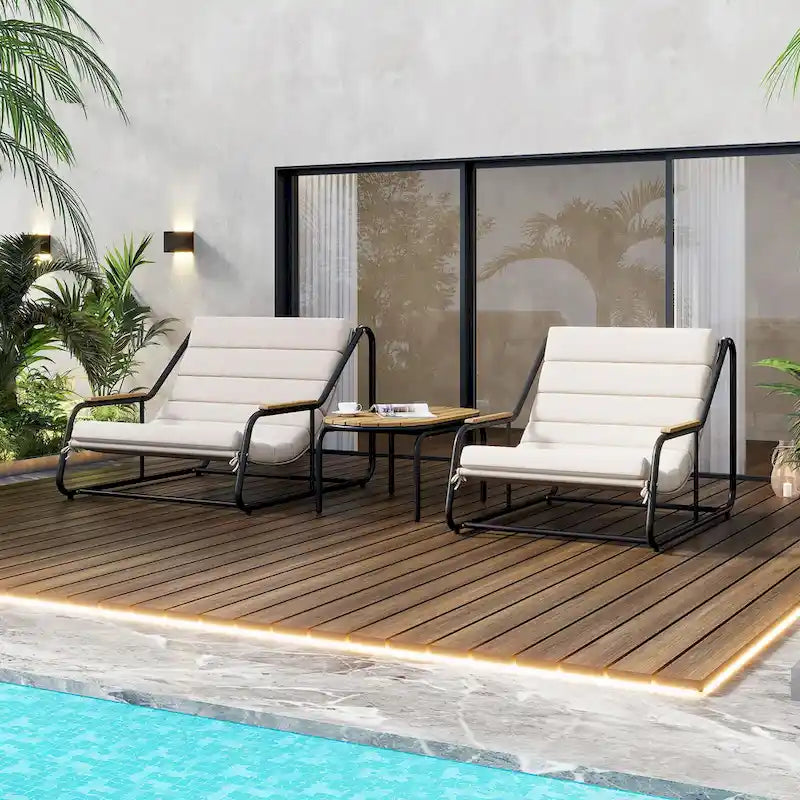 Ensemble de 3 chaises longues de piscine – Chaises longues d'extérieur avec table d'appoint en acacia