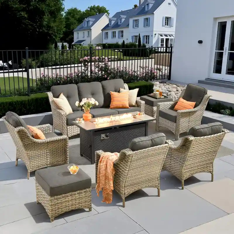 XIZZI 8-piece Outdoor Wicker Furniture Set with 54 Fire Table