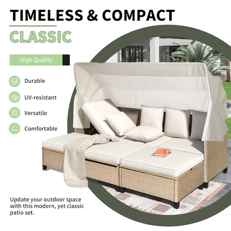 Set divano da patio in vimini di resina a 4 pezzi resistente ai raggi UV con tettuccio retrattile, cuscini e tavolo sollevabile