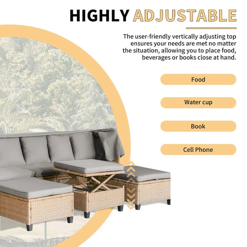 Ensemble de canapé de patio 4 pièces en résine tressée anti-UV avec auvent rétractable, coussins et table relevable