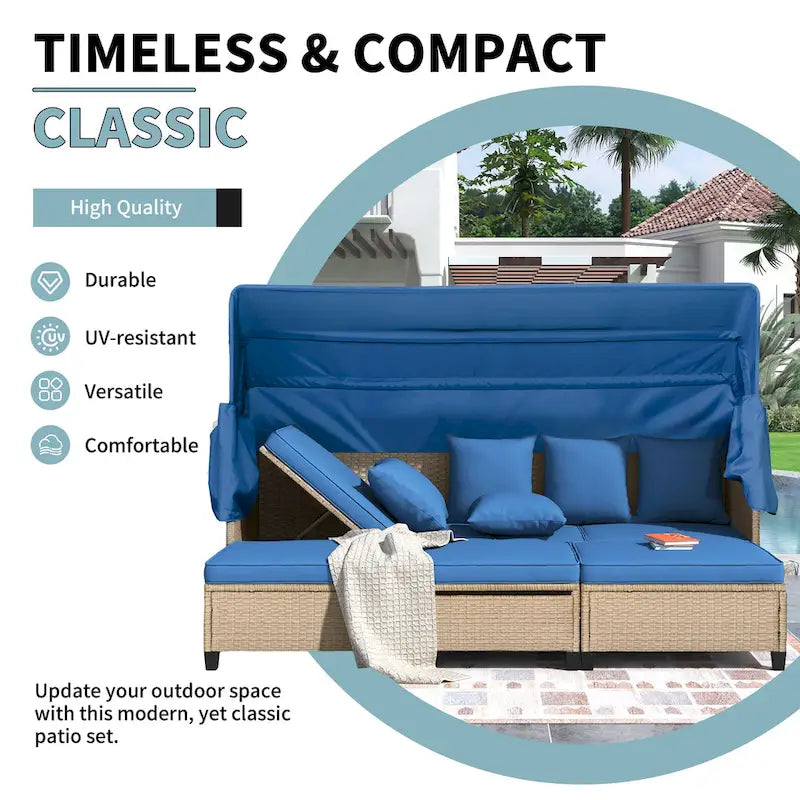 Ensemble de canapé de patio 4 pièces en résine tressée anti-UV avec auvent rétractable, coussins et table relevable