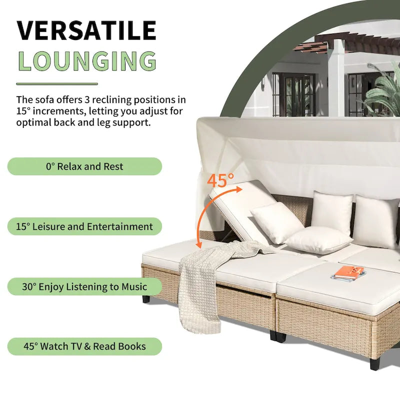 Ensemble de canapé de patio 4 pièces en résine tressée anti-UV avec auvent rétractable, coussins et table relevable