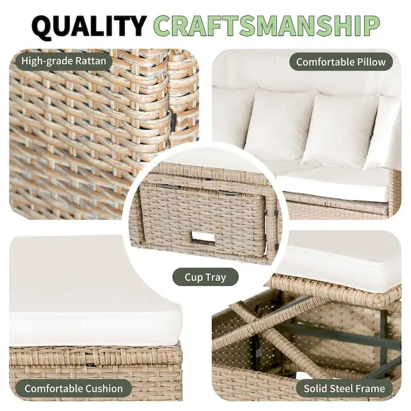 Ensemble de canapé de patio 4 pièces en résine tressée anti-UV avec auvent rétractable, coussins et table relevable
