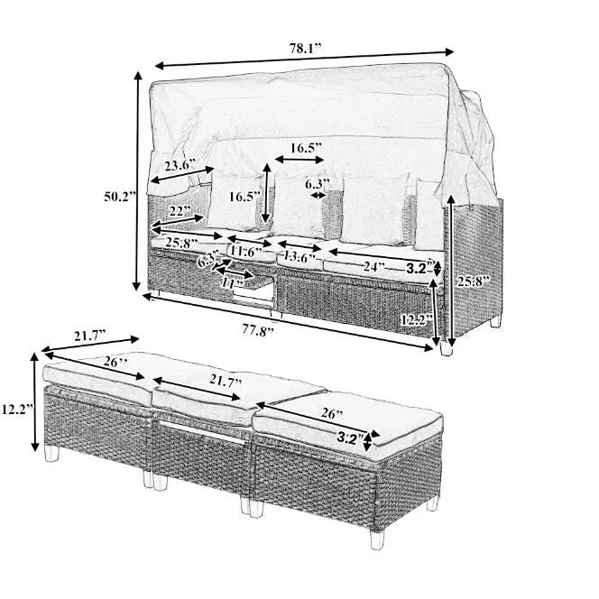 Ensemble de canapé de patio 4 pièces en résine tressée anti-UV avec auvent rétractable, coussins et table relevable