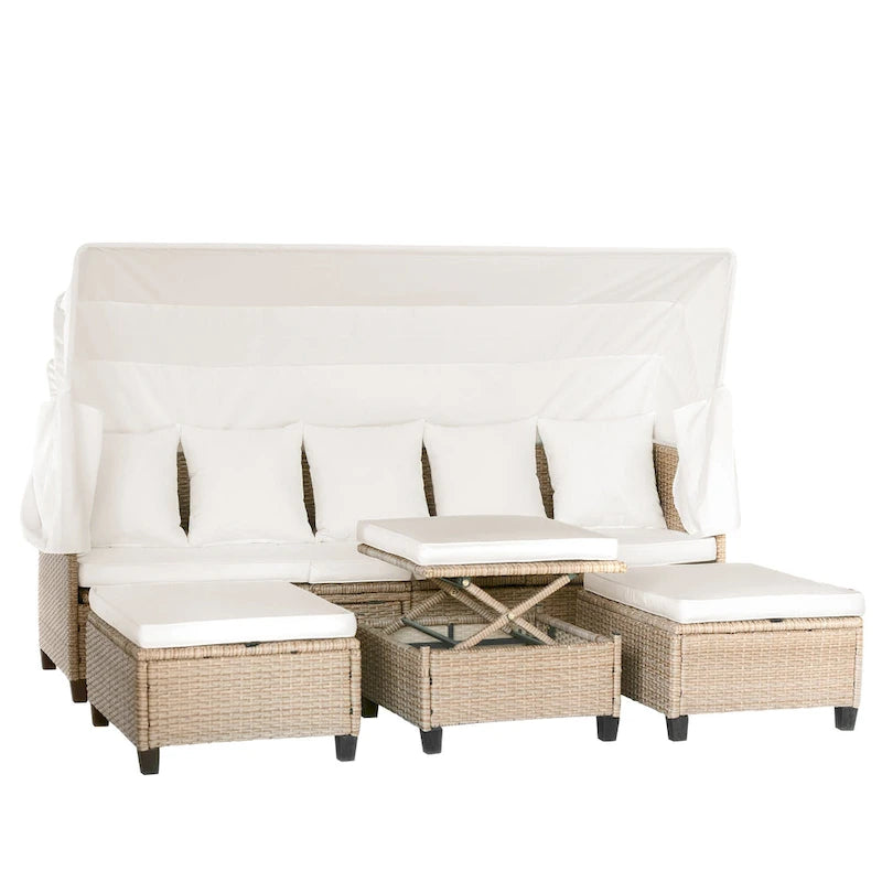 Ensemble de canapé de patio 4 pièces en résine tressée anti-UV avec auvent rétractable, coussins et table relevable
