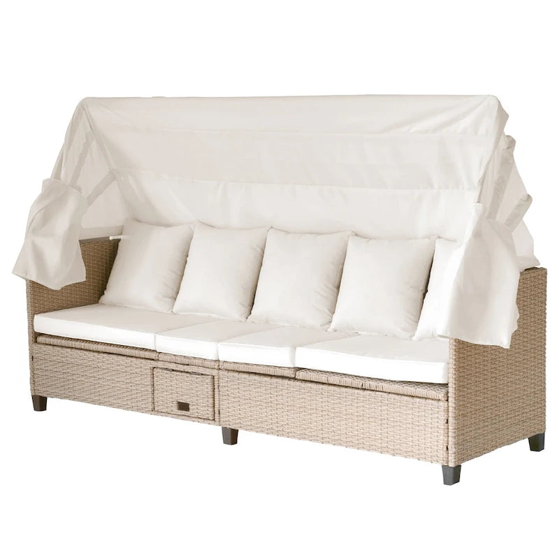 Ensemble de canapé de patio 4 pièces en résine tressée anti-UV avec auvent rétractable, coussins et table relevable