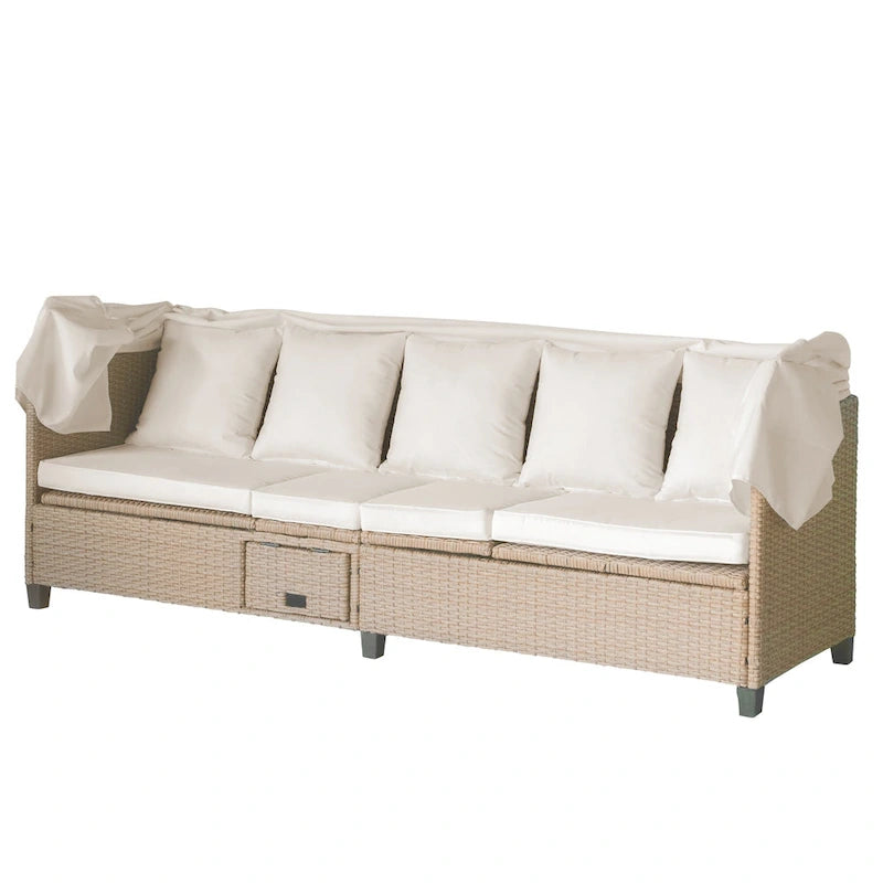 Ensemble de canapé de patio 4 pièces en résine tressée anti-UV avec auvent rétractable, coussins et table relevable