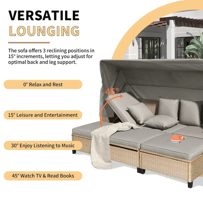 Ensemble de canapé de patio 4 pièces en résine tressée anti-UV avec auvent rétractable, coussins et table relevable
