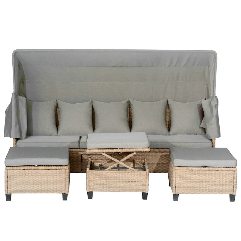 Ensemble de canapé de patio 4 pièces en résine tressée anti-UV avec auvent rétractable, coussins et table relevable