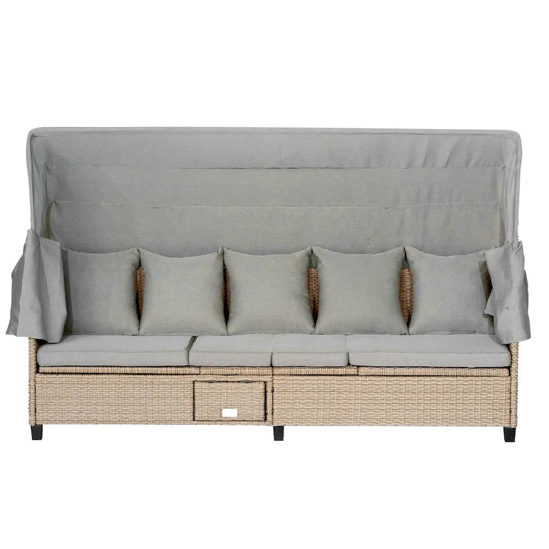 Ensemble de canapé de patio 4 pièces en résine tressée anti-UV avec auvent rétractable, coussins et table relevable
