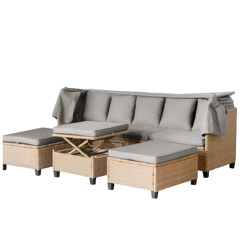 Ensemble de canapé de patio 4 pièces en résine tressée anti-UV avec auvent rétractable, coussins et table relevable
